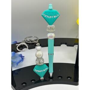 Tiffany Blue Beaded Pen & Keychain Set – Handmade Gift for Her